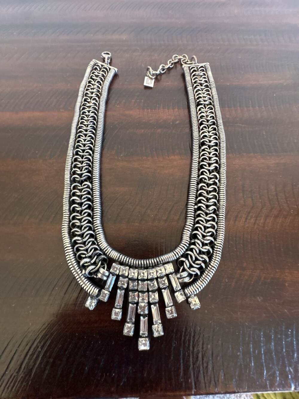 Stella & Dot Silver Tone Chain Bib Necklace with Rhinestones